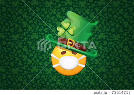 Vector Emoji sticker with mouth medical protection mask and saint Patricks green hat isolated on green horizontal background. Yellow st. Patricks smile face character with hat and white surgeon mask. 75614715