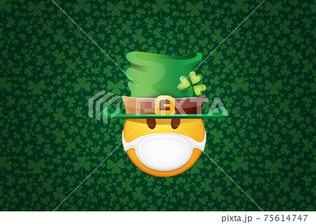 Vector Emoji sticker with mouth medical protection mask and saint Patricks green hat isolated on green horizontal background. Yellow st. Patricks smile face character with hat and white surgeon mask. 75614747