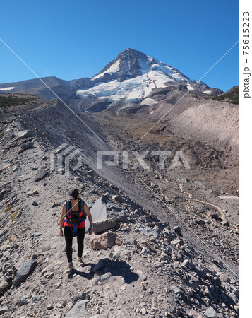 Woman on the Timberline Trail on Mount Hood, Oregon. 75615223