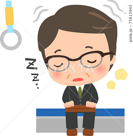 電車内で居眠りする中年ビジネスマンのイラスト素材