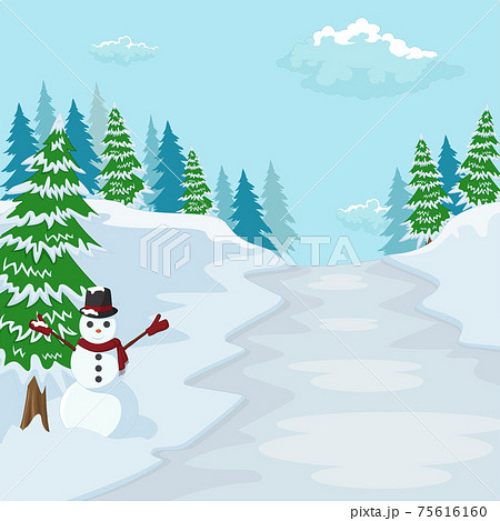Christmas landscape with christmas tree and snowman Christmas landscape with christmas tree and snowman 75616160