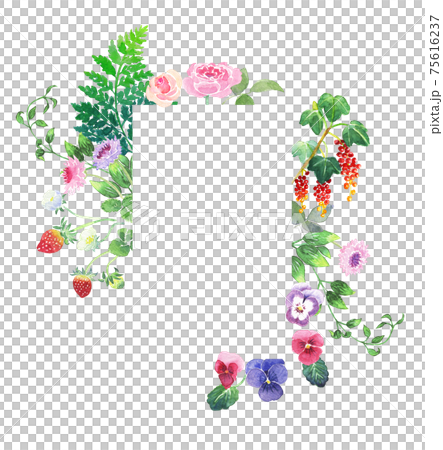 <水彩画>魔法の森のブーケ(ベリー、パンジー、バラ、シダ、つる)の縦長長方形フレーム素材 75616237