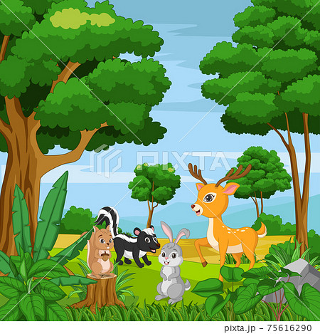 Cartoon happy animals in the jungle background - Stock Illustration  [75616290] - PIXTA