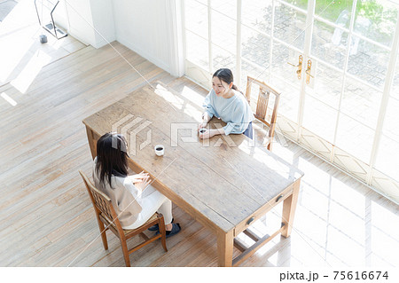 リビングで雑談をする女性 リビングで雑談をする女性 75616674