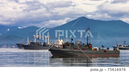 Warships in the maritime parade on bay on Pacific ocean 75616976