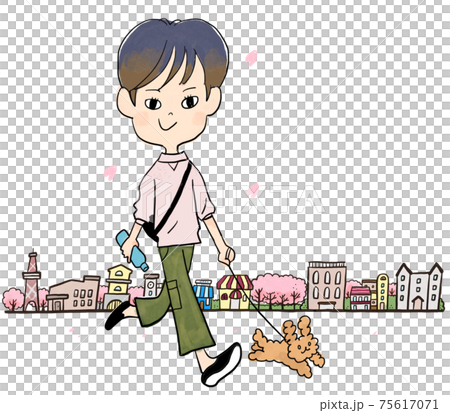 一個女孩沿著一排櫻花樹和一條狗散步 75617071