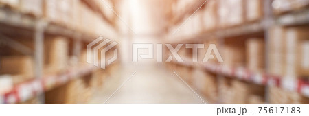 Food market interior. Blur corridor background. Shop shelf. Stock cold goods 75617183