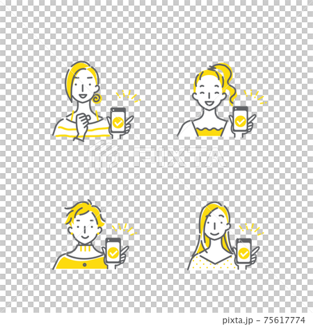 スマホを見せながら笑う4人の女性のシンプルでおしゃれな線画イラストセット 75617774
