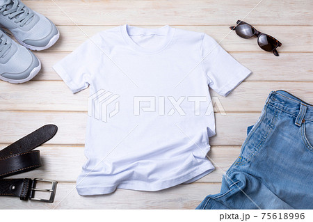 Mens T-shirt mockup with jeans, and belt 75618996