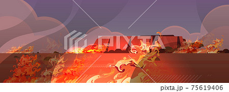 dangerous wildfire australia bush fire development dry woods burning trees global warming natural disaster concept intense orange flames horizontal 75619406