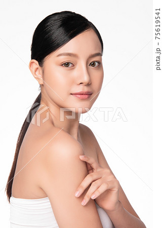 Beautiful young asian woman with clean fresh skin on white background, Face care, Facial treatment, Beautiful young asian woman with clean fresh skin on white background, Face care, Facial treatment, 75619541
