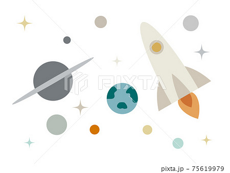 パステルカラーのロケットと惑星のイラストのイラスト素材