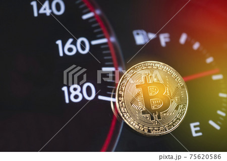Bitcoin with oil mileage dashboard background 75620586