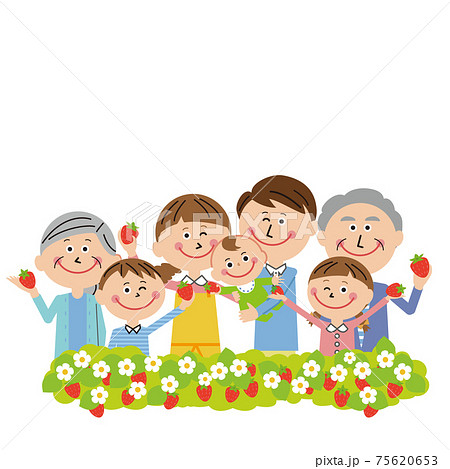 ポップな3世代家族 赤ちゃんといちご狩りのイラスト素材