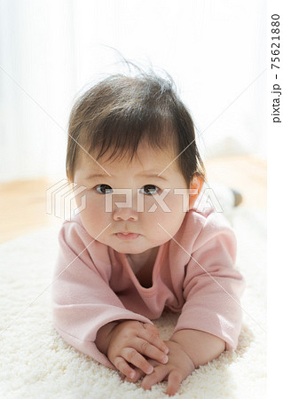 赤ちゃん 腹ばい 正面の写真素材