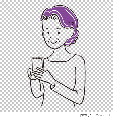手描き1color　シニアの女性　笑顔でスマホ操作 75622291