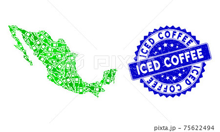 Scratched Iced Coffee Badge and Mexican Map Green Pattern of Wine Bottle Icons 75622494