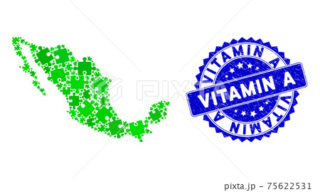 Scratched Vitamin A Badge and Mexico Map Green Pattern of Puzzle Piece Icons 75622531