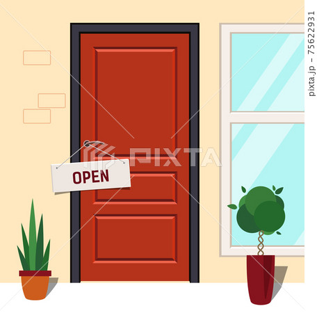 Open sign on red door. Store with a sign that says open. Open sign on red door. Store with a sign that says open. 75622931