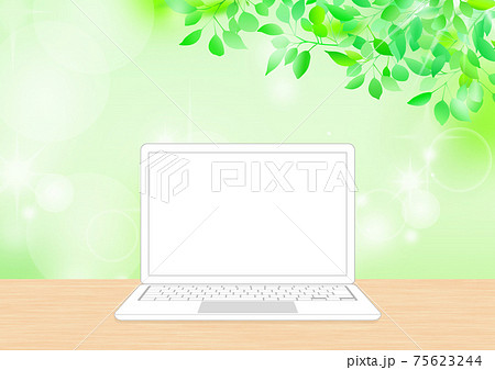 新緑背景と開いたシンプルな白いノートパソコン　白系白キー 75623244
