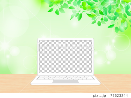 新緑背景と開いたシンプルな白いノートパソコン　白系白キー 75623244
