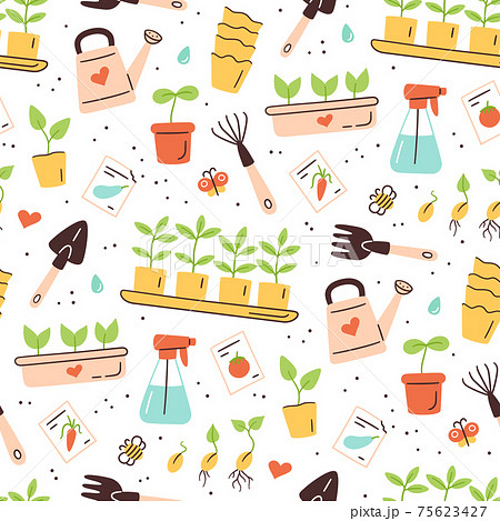 Seamless pattern with seeds and seedlings. Germination of sprouts. Tools and pots for planting 75623427