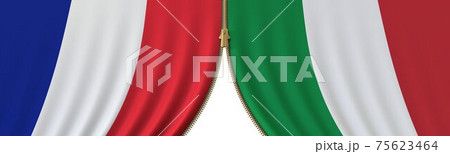 France and Italy cooperation or conflict, flags and closing or opening zipper between them. Conceptual 3D rendering 75623464