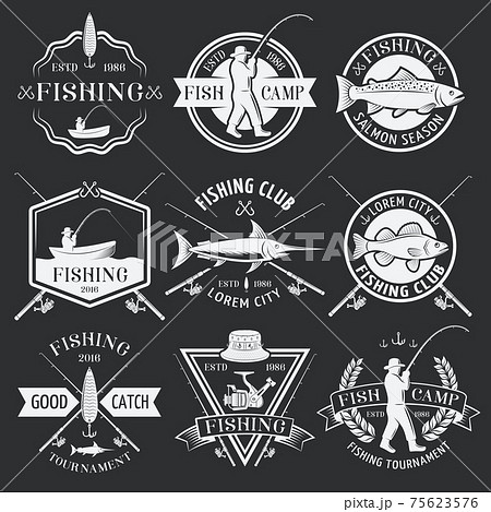 Fishing White Emblems On Black Background 75623576