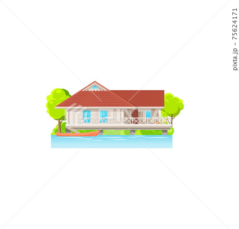 Facade of house on water with canoe boats isolated Facade of house on water with canoe boats isolated 75624171