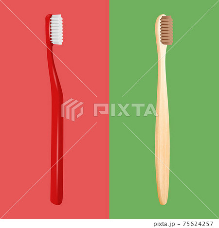 Vector 3d Realistic Red Plastic and Wooden Brown Bamboo Blank Toothbrush Se. Design Template, Mockup. Dentistry, Healthcare, Hygiene, Choice, Ecology Concept. Tooth Brush in Front, Top, Side View 75624257