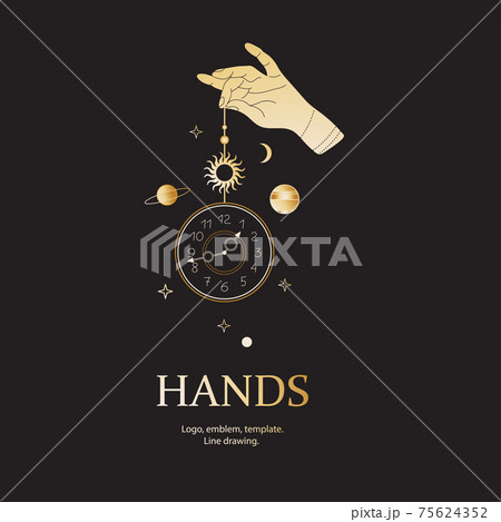 Magic hand with a clock. Space with stars and planets. Print for t-shirts. 75624352