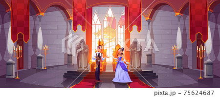 Prince and princess in throne room at castle hall 75624687