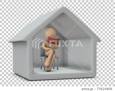 ステイホーム。自宅で読書をして過ごすキャラクター。白バック。3Dレンダリング。 75624808