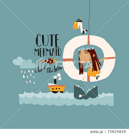 Cartoon little mermaid feeding fish in blue sea 75624839