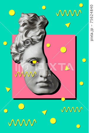 Collage with plaster antique sculpture of human face in a pop art style. Modern creative concept image with ancient statue head. Zine culture. Contemporary art poster. Funky minimalism. Retro design. 75624840