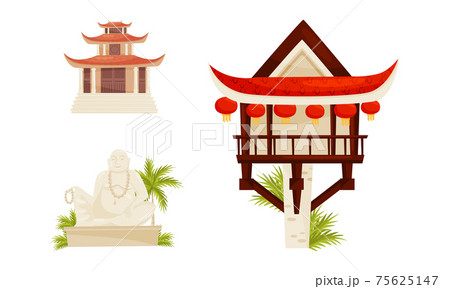 Vietnam Country Landmarks with Pagoda and Buddha Statue Vector Set 75625147