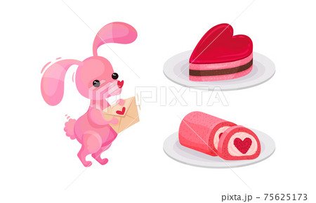 Pink Hare with Envelope and Heart Shaped Cake as Saint Valentine Day Festive Attributes and Symbols Vector Set 75625173