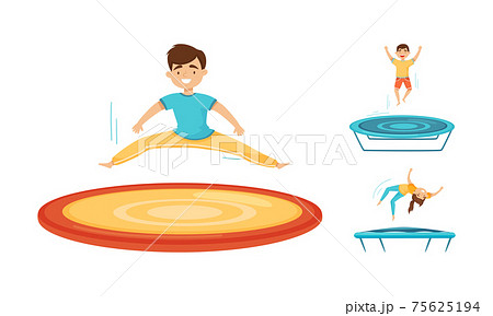 Excited Children Jumping on Trampoline Bouncing and Having Fun Vector Set 75625194