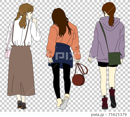 私服姿の後ろ向きの女の子3人組のイラストのイラスト素材