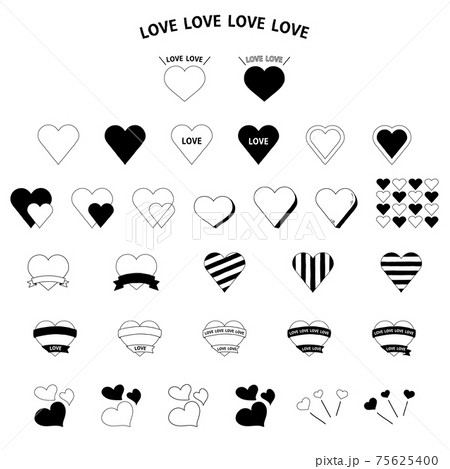 ハート アイコン 手書き 線画 Love 白黒 モノトーン セットのイラスト素材