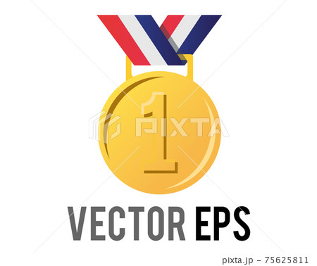 Vector first place gold sports medal icon with star, blue, white, red ribbon 75625811