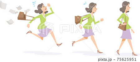 ビジネスウーマンが歩く 走る 書類を撒き散らして焦ってダッシュする 女性 横向き 全身 のイラスト素材