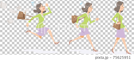 一個女商人走路,奔跑,散佈文件並急於衝破。女性,側身,全身。 一個女商人走路,奔跑,散佈文件並急於衝破。女性,側身,全身。 75625951