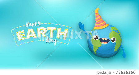 Cartoon earth day horizontal banner with cute smiling earth planet character with funny hat isolated on blue sky background. Eath day concept horizontal design template with funny kawaii earth globe Cartoon earth day horizontal banner with cute smiling earth planet character with funny hat isolated on blue sky background. Eath day concept horizontal design template with funny kawaii earth globe 75626366