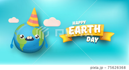 Cartoon earth day horizontal banner with cute smiling earth planet character with funny hat isolated on blue sky background. Eath day concept horizontal design template with funny kawaii earth globe Cartoon earth day horizontal banner with cute smiling earth planet character with funny hat isolated on blue sky background. Eath day concept horizontal design template with funny kawaii earth globe 75626368