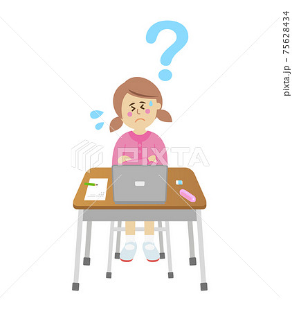 パソコンが分からなくて困る小学生のイラストイメージ 75628434