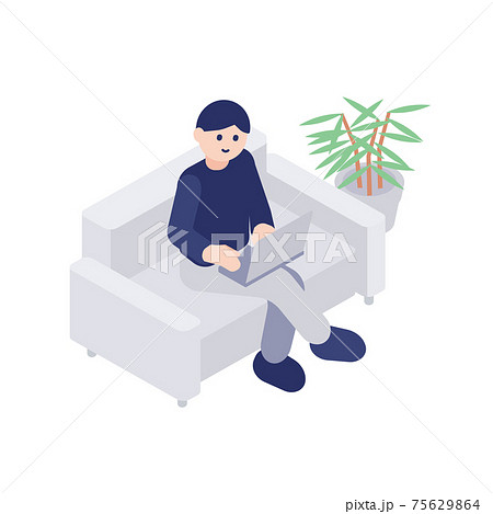 ソファに座ってパソコンを操作する男性のイラスト素材 ソファに座ってパソコンを操作する男性のイラスト素材 75629864