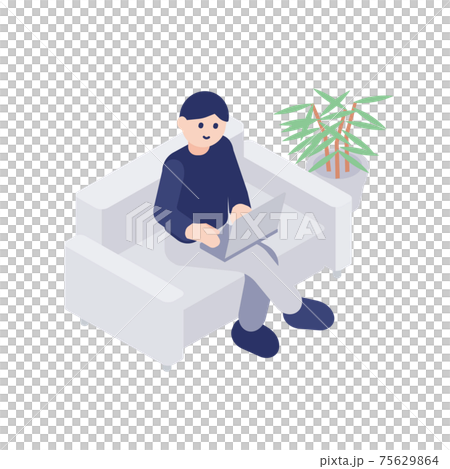 ソファに座ってパソコンを操作する男性のイラスト素材 ソファに座ってパソコンを操作する男性のイラスト素材 75629864