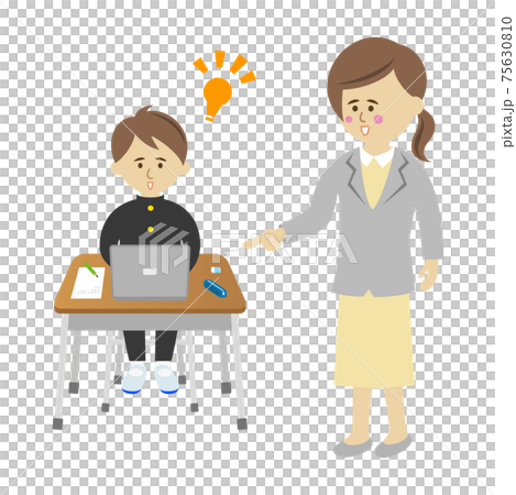先生にパソコンを教えてもらう男子生徒のイラストイメージ 75630810