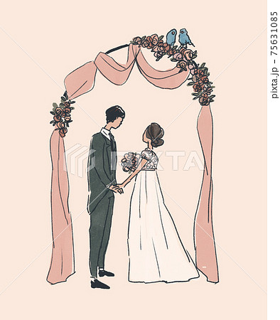 ウエディングアーチと新郎新婦と青い鳥 ウエディング 結婚式 カラー のイラスト素材